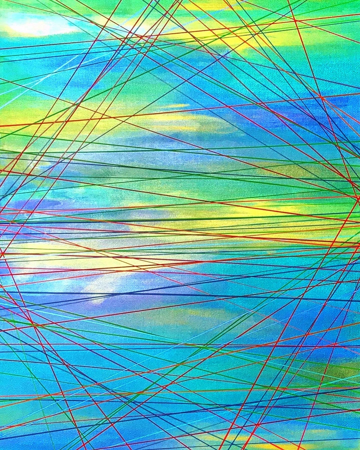 Metallic and fluorescent acrylics painting with blue and yellow background and colorful lines, under standard light